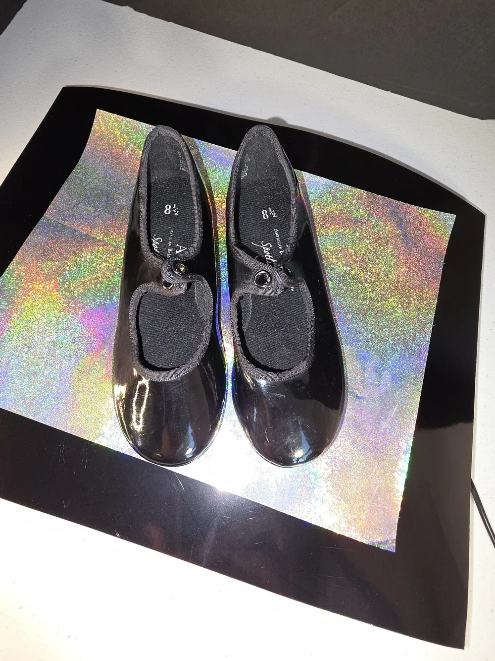 ABT American Ballet Theater Spotlights Black Patent Tap Jazz Shoes Sz 8.5 Flaw**